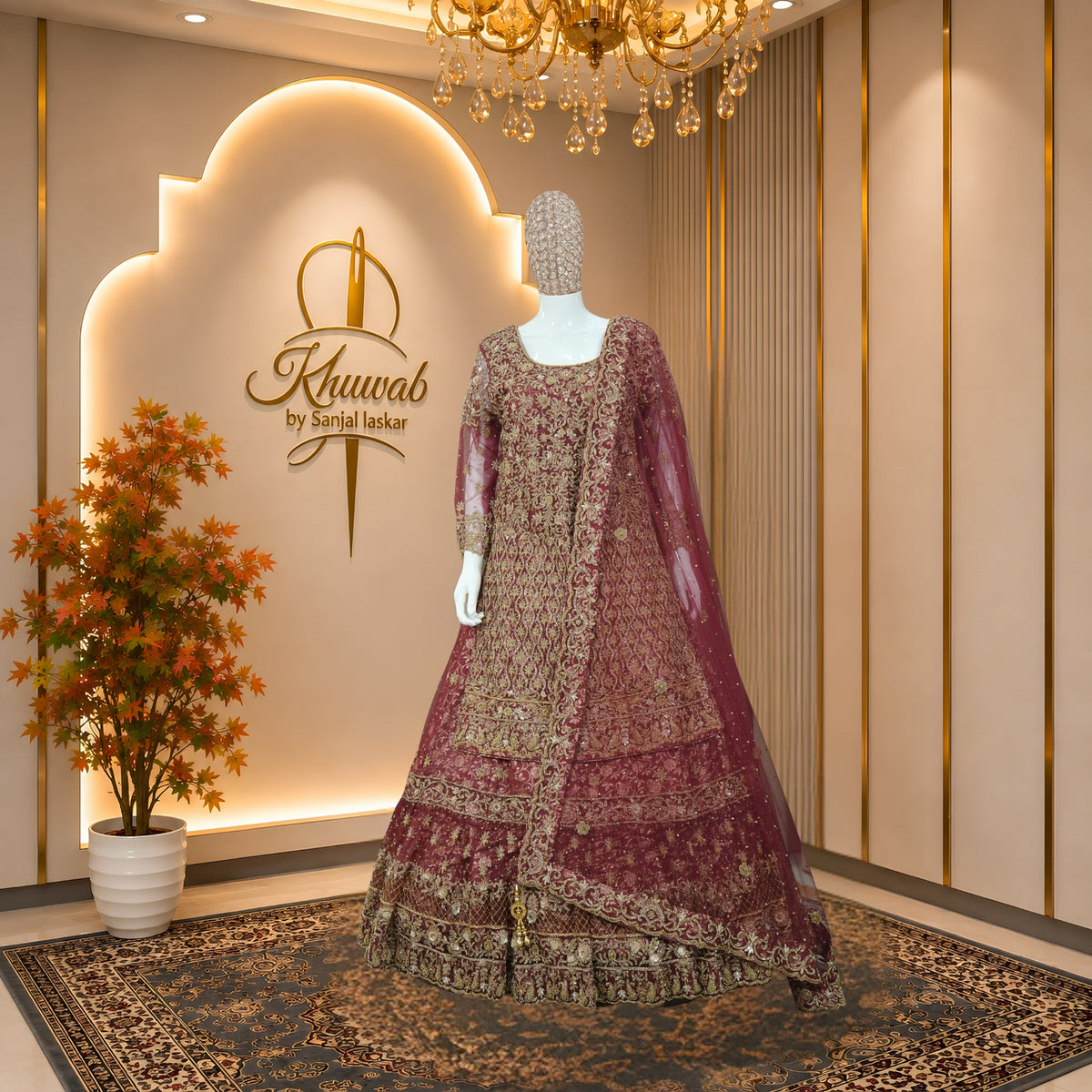 Royal Wine Bridal Lehenga with Intricate Gold Embroidery