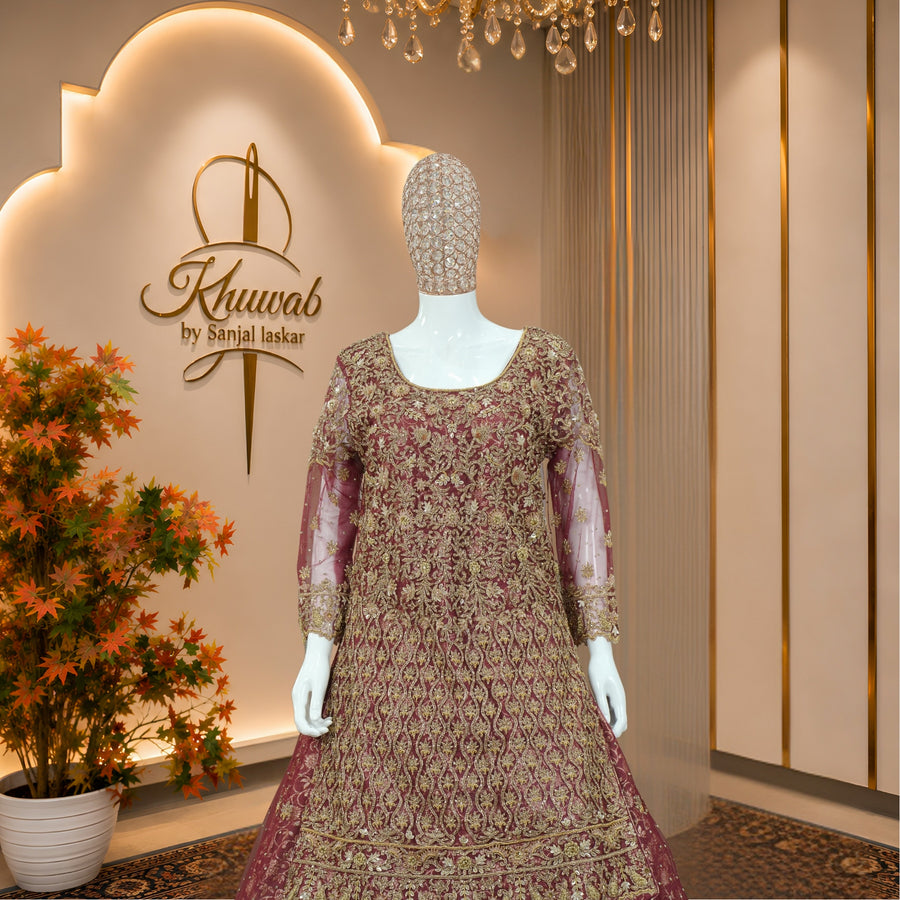 Royal Wine Bridal Lehenga with Intricate Gold Embroidery