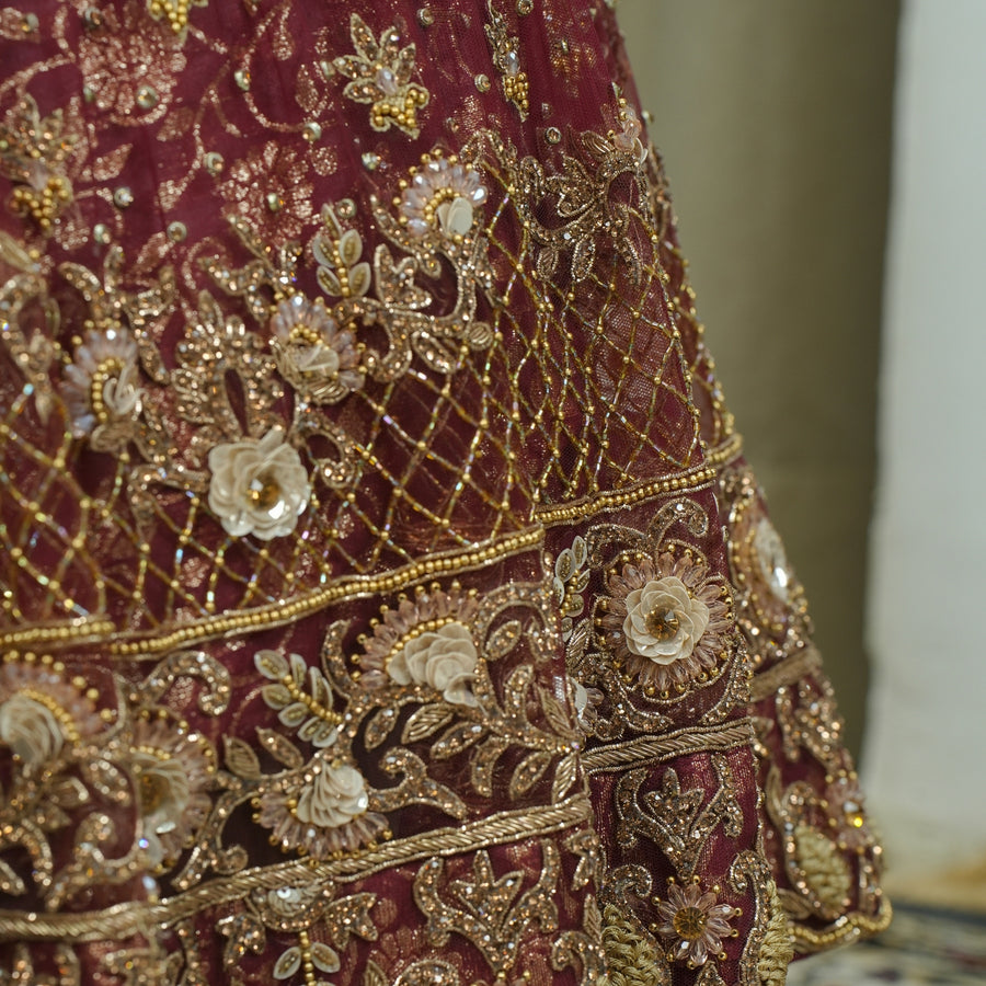 Royal Wine Bridal Lehenga with Intricate Gold Embroidery