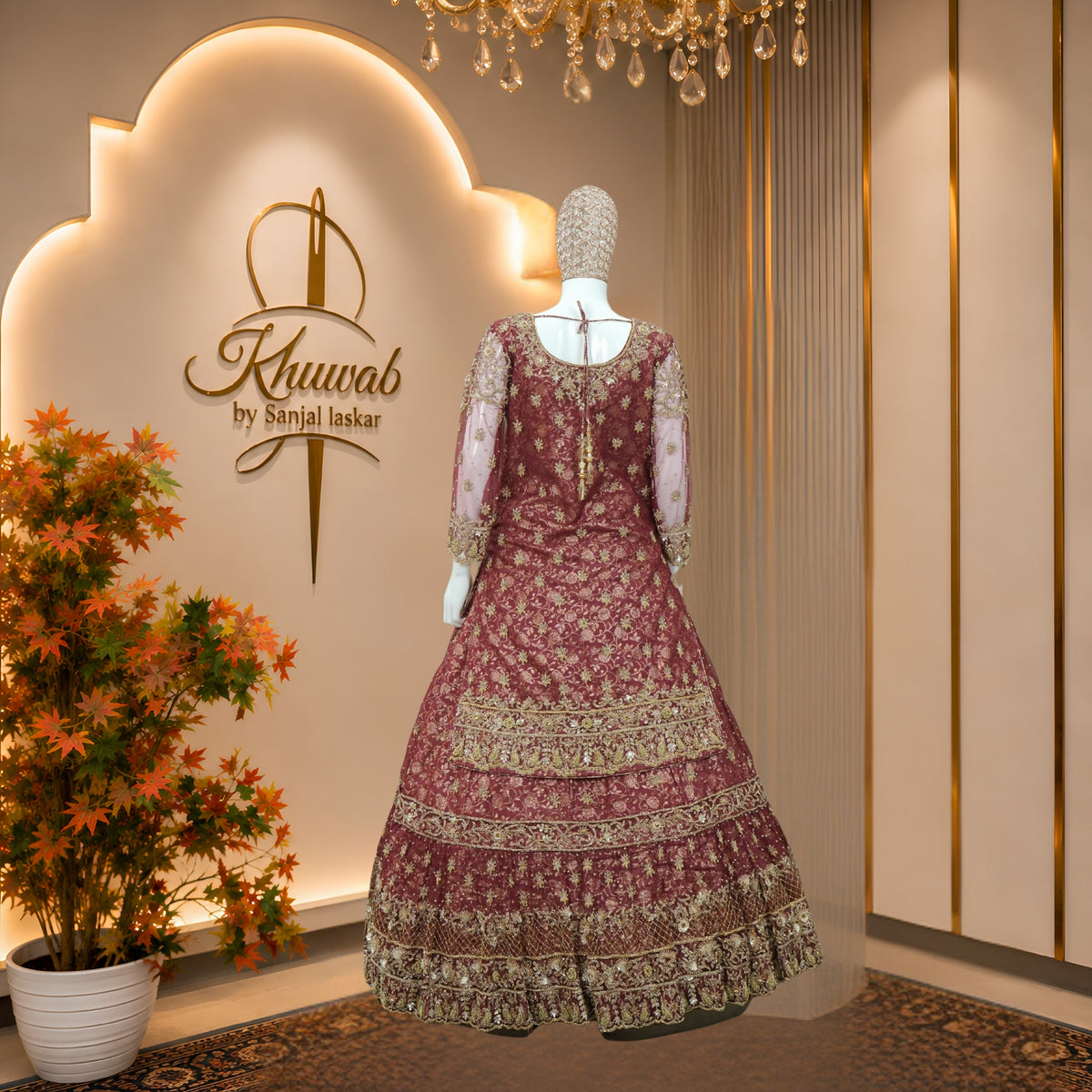 Royal Wine Bridal Lehenga with Intricate Gold Embroidery