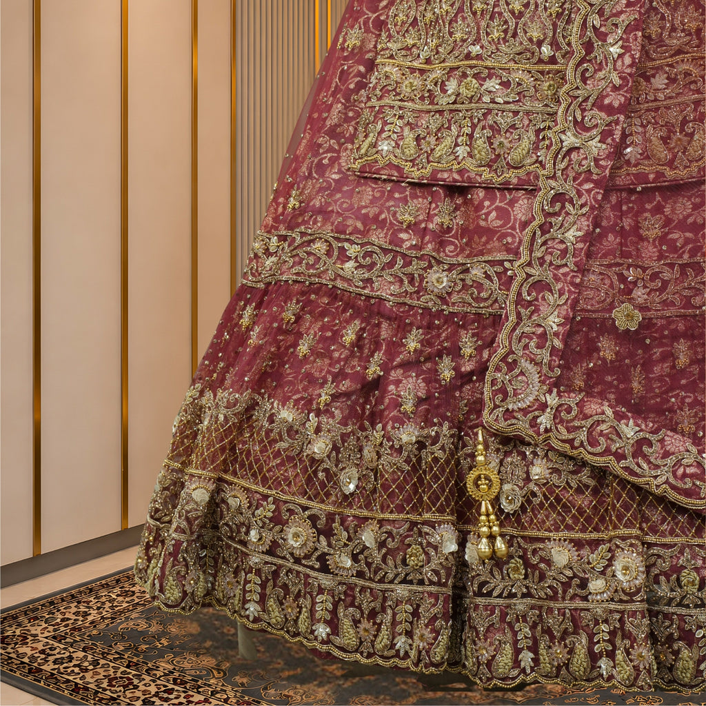 Royal Wine Bridal Lehenga with Intricate Gold Embroidery