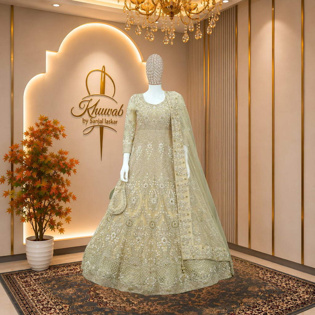 Champagne Pearl Bridal Gown with Floral Crystal Detailing
