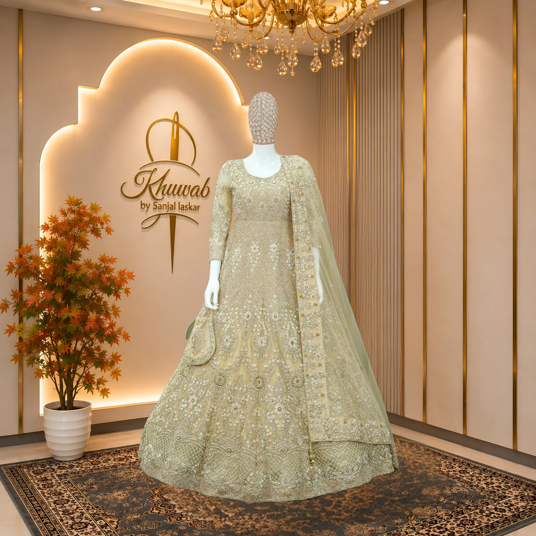 Champagne Pearl Bridal Gown with Floral Crystal Detailing