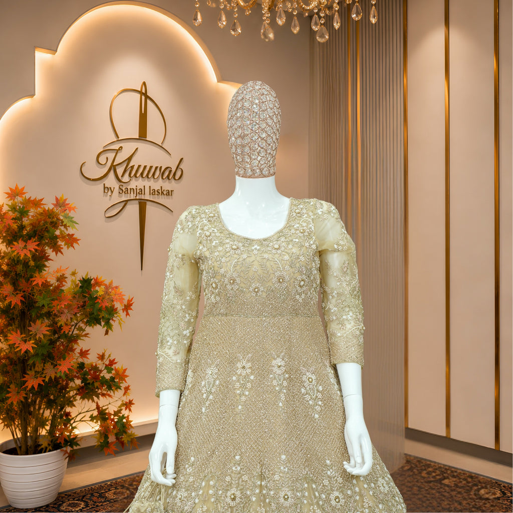 Champagne Pearl Bridal Gown with Floral Crystal Detailing