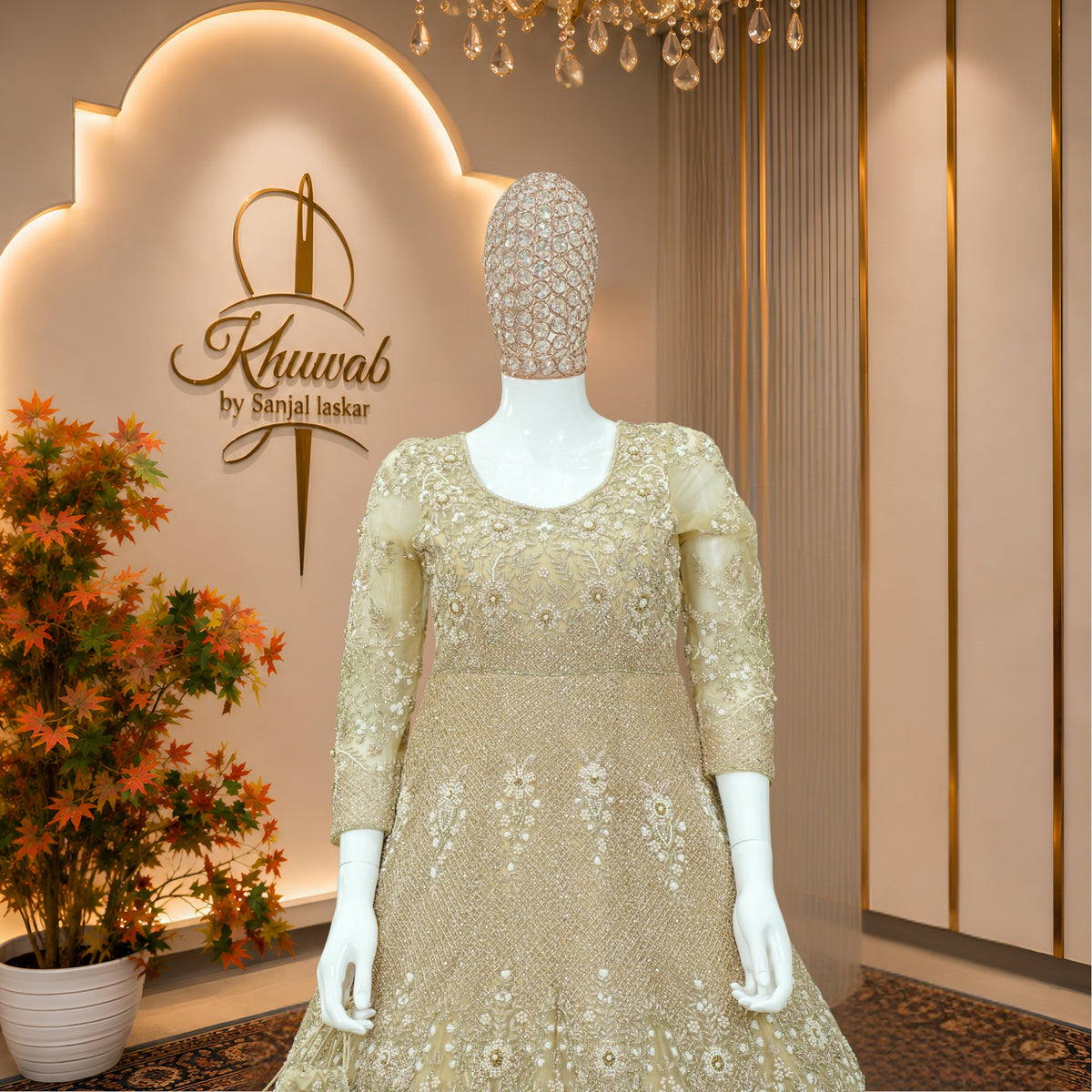 Champagne Pearl Bridal Gown with Floral Crystal Detailing