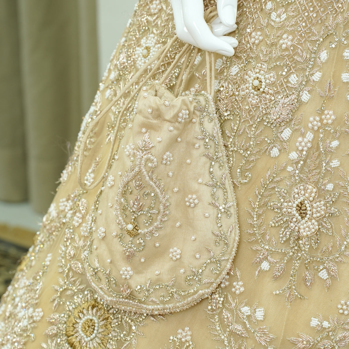 Champagne Pearl Bridal Gown with Floral Crystal Detailing