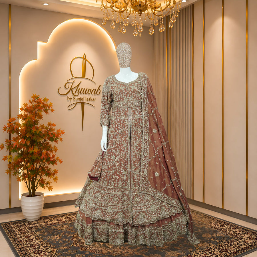 Antique Rose Mughal Bridal Lehenga with Jaal & Floral Motif Work
