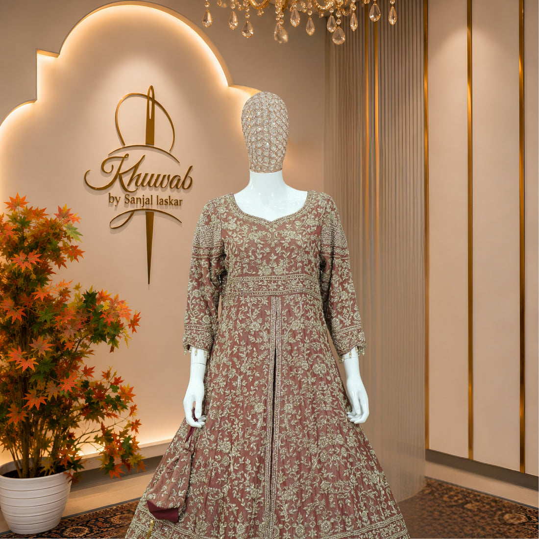 Antique Rose Mughal Bridal Lehenga with Jaal & Floral Motif Work