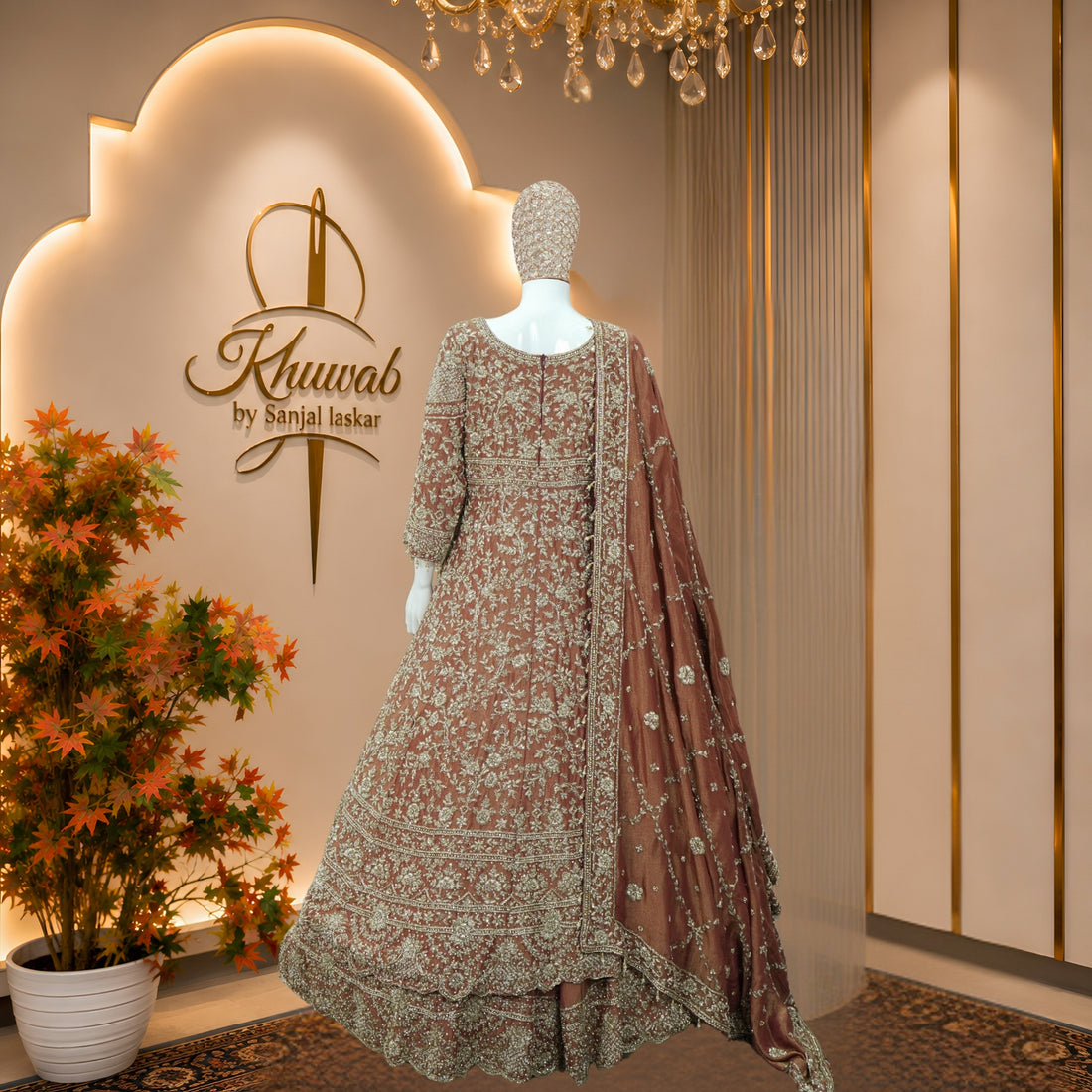 Antique Rose Mughal Bridal Lehenga with Jaal & Floral Motif Work