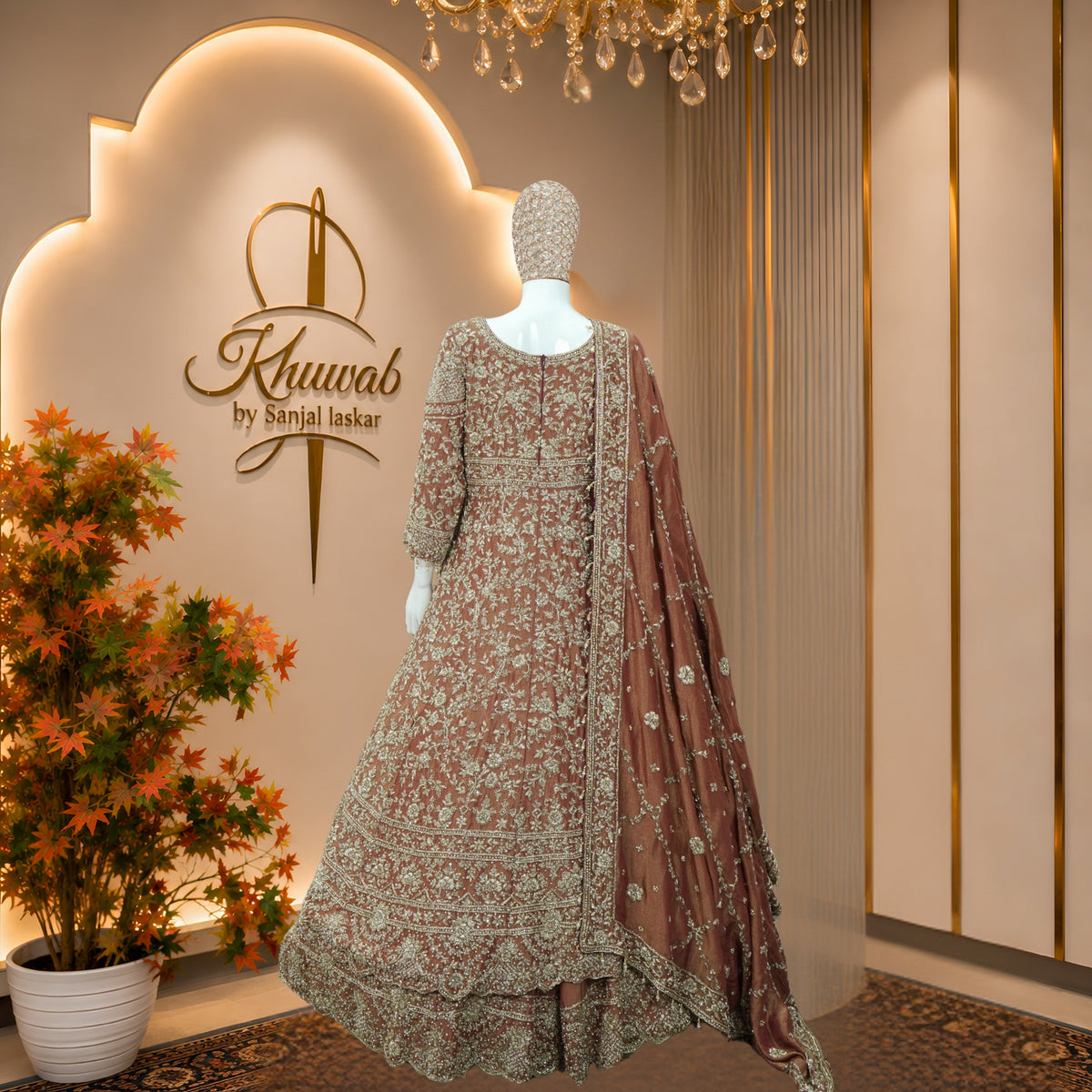 Antique Rose Mughal Bridal Lehenga with Jaal & Floral Motif Work