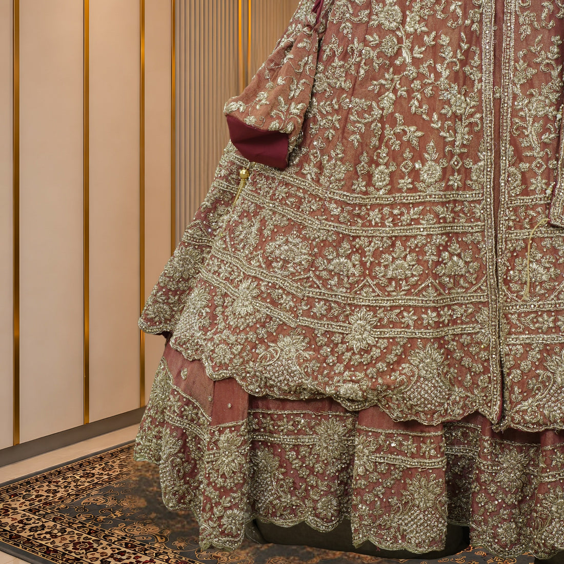 Antique Rose Mughal Bridal Lehenga with Jaal & Floral Motif Work
